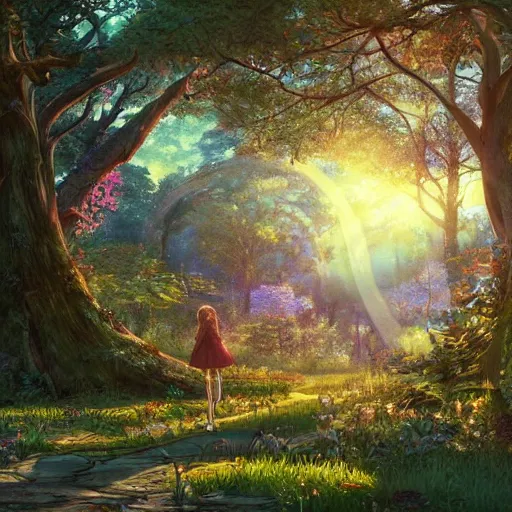 Image similar to the aesthetic view of the beautiful, grand, wistful, dreamy hidden forest at dusk, hyperrealistic anime illustration by iralki nadar, colorful, extremely detailed, intricate linework, super sharp focus, bright colors, octopath traveler, studio ghibli, unreal engine 5 highly rendered, global illumination, radiant light, detailed and intricate environment