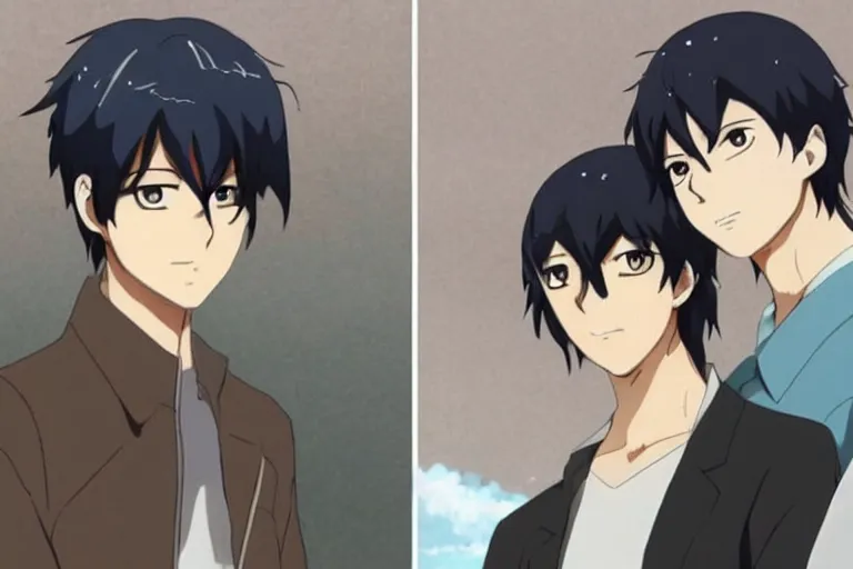 Prompt: Two handsome anime guys, one with black hair and the other with loess hair, Makoto Shinkai, rainy day