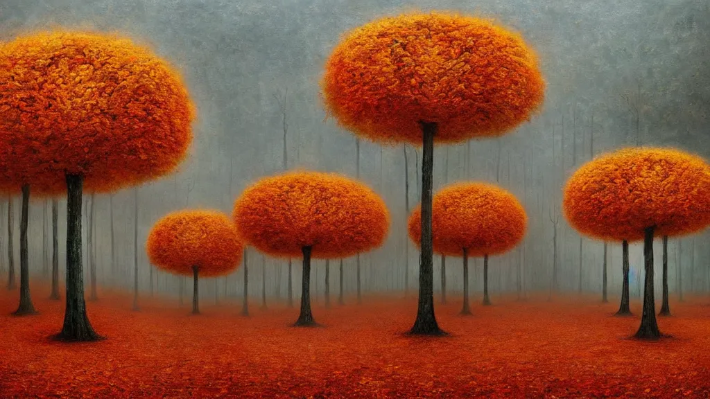 Prompt: surreal landscape, surrealism, symmetrical, whirling autumn trees, esao andrews, victor enrich, dali