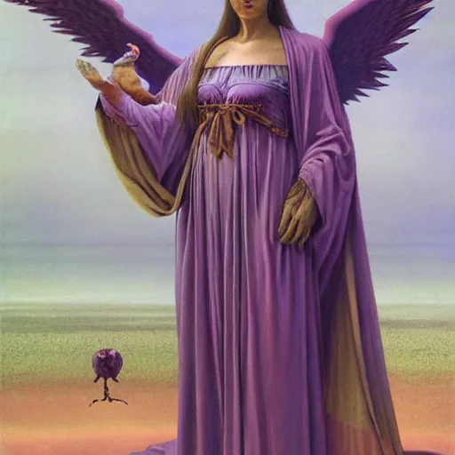 Prompt: angelical woman in robes, flanked by her giant monster pet, by wayne barlowe