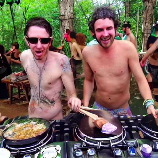 Prompt: scandy and arender, cooking it up, hot hot hot, splash, ahhhhhhh, roomies, bohemian digitals, playing a live gig at ozora festival, huge crowd, ecstatic, photography