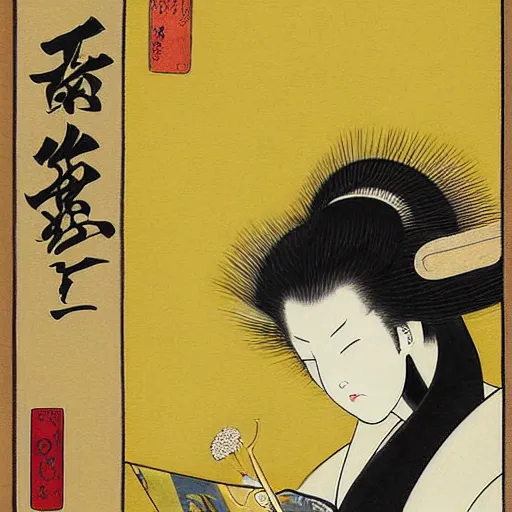 Prompt: A beautiful computer art of a creature that is neither man, nor beast. Ukiyo-e, pastel yellow by Karen Wallis fine