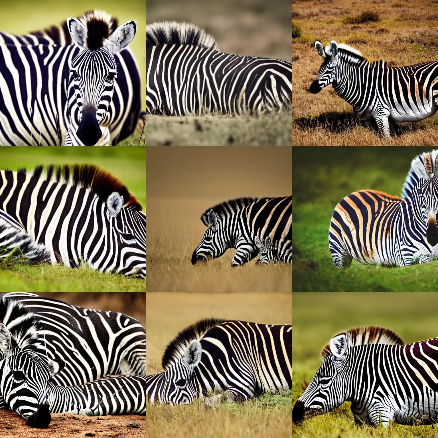 Prompt: photograph of a zebra sleeping in the savannah, 4 k hd, depth of field, national geographic, nature