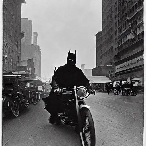 Image similar to old black and white photo, 1 9 1 3, depicting batman on a motorcycle from dark knight racing through the bustling streets of new york city, rule of thirds, three - point perspective, historical record