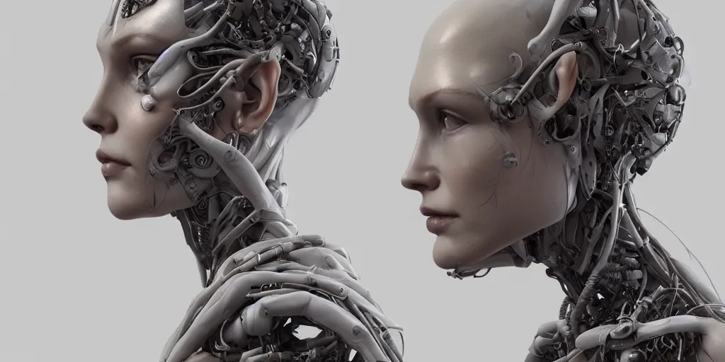 Image similar to photorealistic gorgeous symmetrical female cyborg, holding intimately, highly detailed, arms, knees, back, intricate, in the style of beth cavener, jin kagetsu, wlop, masterpiece, concept art, high key lighting, ambient lighting, octane render, 8 k, artstation