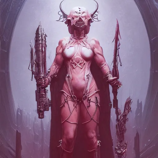 Image similar to Portrait of beautiful pale warhammer 40000 goth maiden, dark fantasy, red light, digital illustration, intricate, highly detailed, smooth, artstation, painted by Wayne Barlowe and Greg Rutkowski and zdislav beksinski and Ruan Jia and Mandy Jurgens and Artgerm and william-adolphe bouguereau