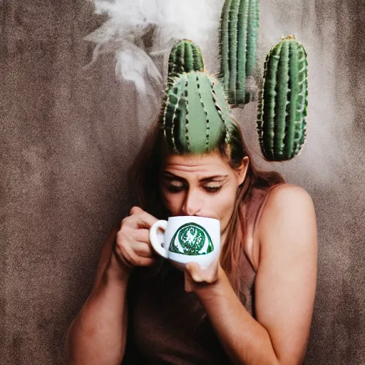 Image similar to spartan drinking tea with trichocereus background and smoke haze, photo