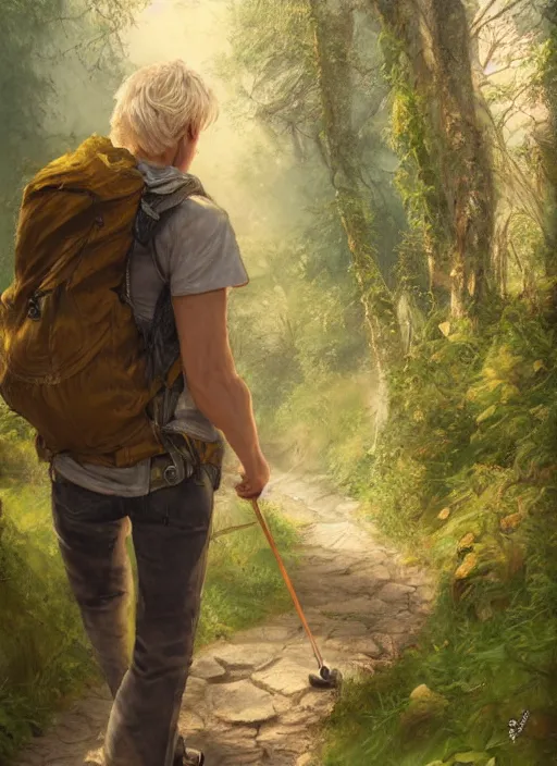 Prompt: happy blonde english man hiking a beautiful path, fluent composition, concept art, ambient light, 4 k, intricate details, highly professionally detailed, cgsociety, highly detailed -