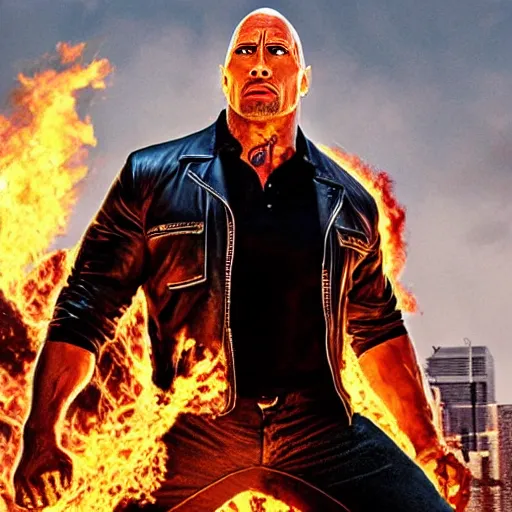 Image similar to dwayne johnson as ghost rider, showing his skull, gta cover art