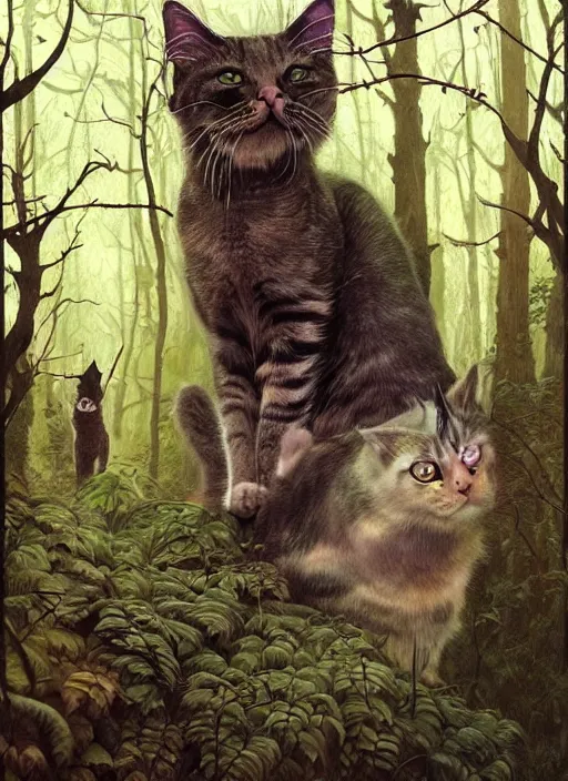 Image similar to a hyper realistic cat witch in the woods gorgeous lighting, k _ lms lush forest foliage painting by chiara bautista and beksinski and norman rockwell and greg rutkowski weta studio, and lucasfilm