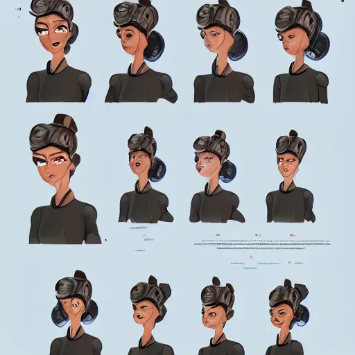 Image similar to a character expression sheet for a quirky female space engineer character in the style of an animated feature film concept art, detailed, beautiful digital painting, expressive, well drawn, expert, characterful, unique, emotive, emotional