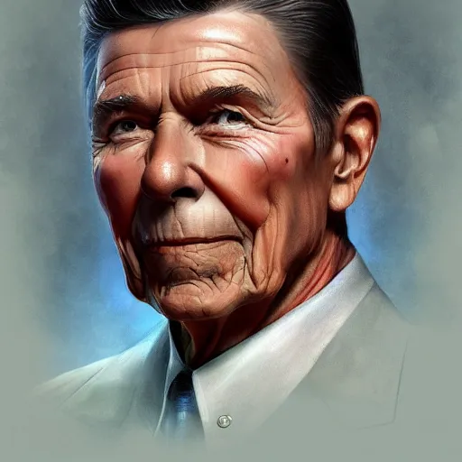 Prompt: gay ronald reagan, smooth, focus, highly detailed, hyper realistic, dramatic lighting, intricate, concept art, art by wlop, mars ravelo