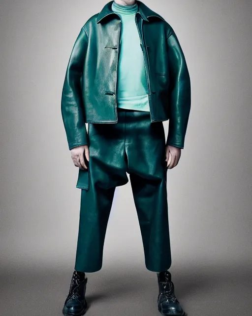 Prompt: an award - winning editorial photo of a teal cropped extremely baggy ancient medieval designer menswear leather jacket with an oversized large collar and baggy bootcut trousers designed by alexander mcqueen, 4 k, studio lighting, wide angle lens