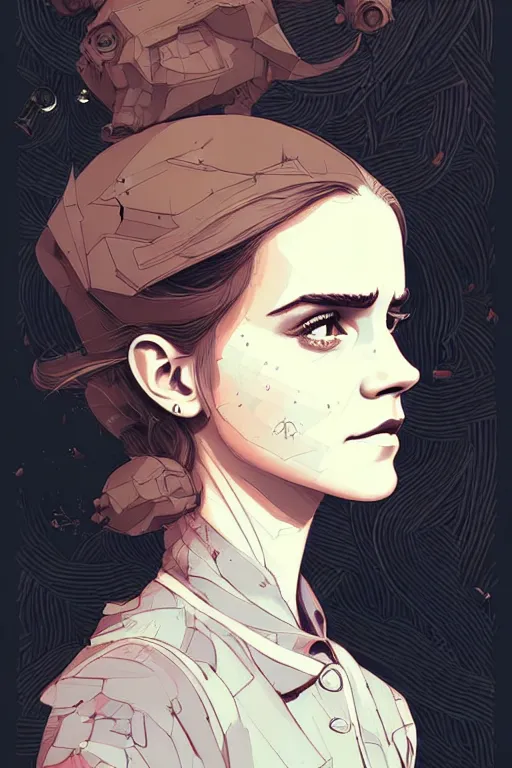 Image similar to a study of detailed cell shaded protrait of Emma Watson, llustration, post grunge, concept art by josan gonzales and wlop, by james jean, Victo ngai, David Rubín, Mike Mignola, Laurie Greasley, highly detailed, sharp focus, alien, Trending on Artstation, HQ, deviantart, art by artgem