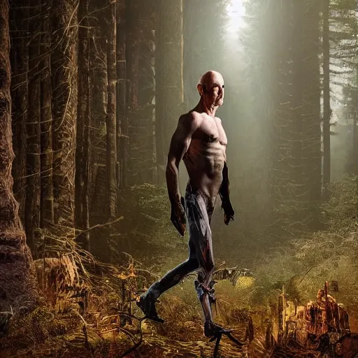 Image similar to jeff bezos skinwalker hunting you in a dark forest with a knife, fully body, realism