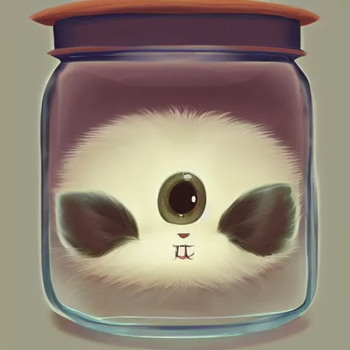 Image similar to cutie fluffy creature with big eyes in a jar, digital art, 3 d, octave render, masterpiece, mega detailed, pixar, disney, vivid illustration, cartoon, fantasy, by george stubbs, artgerm, in the style of ghibli kazuo oga, pastel fur