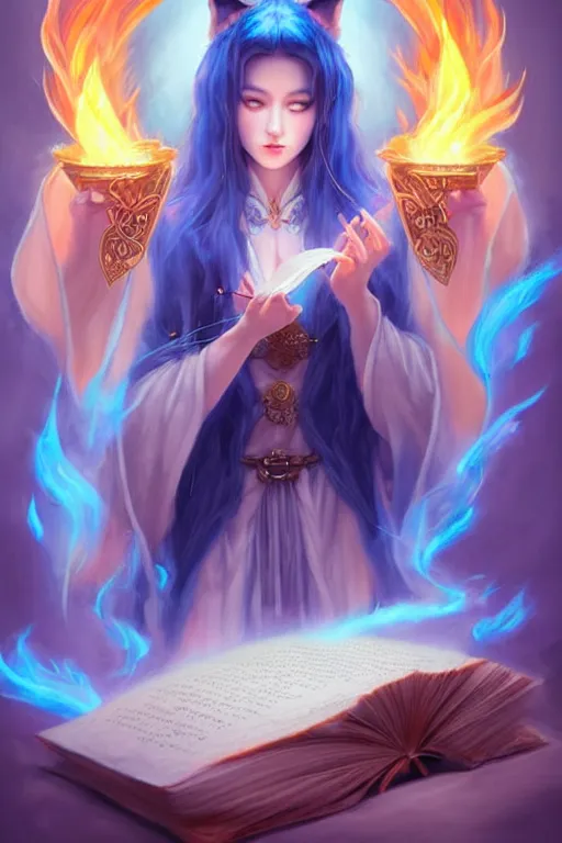 Prompt: gorgeous!!! hyper - realstic kitsune, divine, sorceress, holding a tattered magical book, casting a flame spell, blue flames | drawn by wlop, drawn by jeehyung lee, drawn by artgerm | fantasy, dark, intricate, highly detailed, digital painting, character design, concept art, illustration, artstation