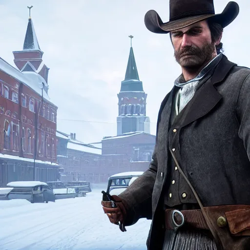 Image similar to arthur from rdr 2 in russia reality nowadays at tolyatti sportivnaia street, cars, snow, buildings photorealism