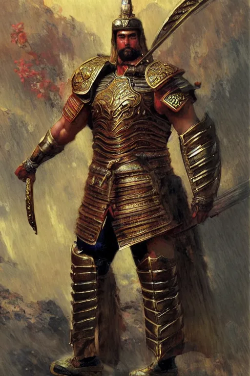 Image similar to attractive beefy male with armor, tang dynasty, character design, colorful, painting by gaston bussiere, craig mullins, j. c. leyendecker, tom of finland