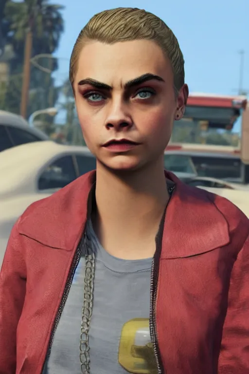 Image similar to Cara Delevingne as a GTA V NPC, in game capture. 3D Render.