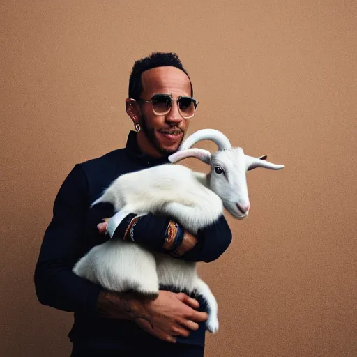 Image similar to lewis hamilton holding a baby goat, ( sony a 7 r iv, symmetric balance, polarizing filter, photolab, lightroom, 4 k, dolby vision, photography award, vogue )