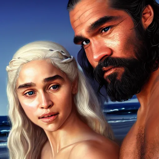 Image similar to beautiful serene intricate portrait of daenerys targaryen and khal drogo taking a selfie, smiling softly, relaxing on the beach, golden hour, soft focus, 8 k, art by irakli nadar, hyperrealism, hyperdetailed, ultra realistic