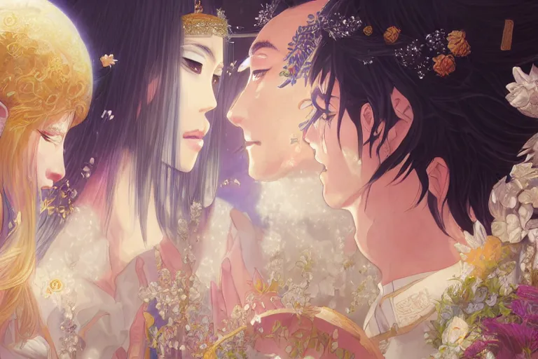 Image similar to a dreamlike portrait of wedding close up moment of a divine a japan sun god and moon goddess lovers magician at a wedding banquet. highly detailed, digital painting, fantasy wedding screen, 8 k realistic, hyper detailed, by makoto shinkai and akihiko yoshida and hidari and wlop