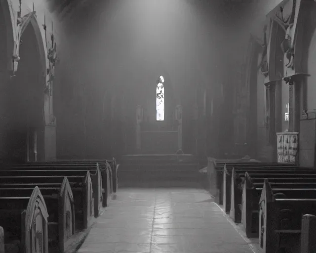 Image similar to a cultist ceremony, cultists with robes and masks, church interior, satanic church interior, the fog. horror lighting, found footage