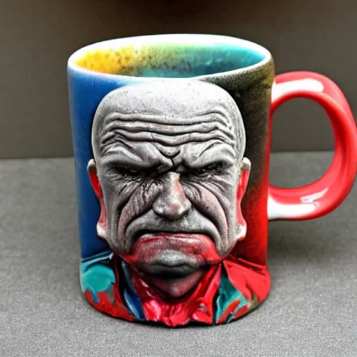 Prompt: a 3 d mug of an ugly mug on a mug, colorful, fantasy,