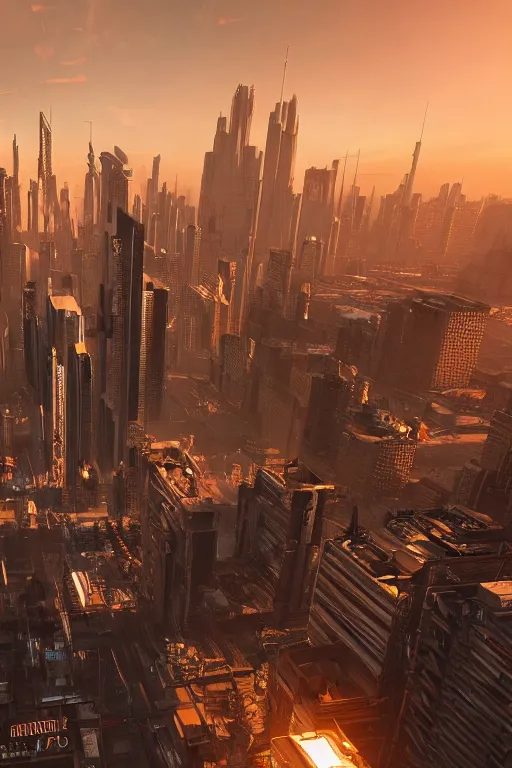 Image similar to cyberpunk cityscape with tall buildings at dusk golden hour orange cinematic lighting, epic composition. A golden daylight, hyper-realistic environment. Hyper and intricate detail, photo-realistic. Cinematic and volumetric light. Epic concept art. Octane render and Unreal Engine, trending on artstation