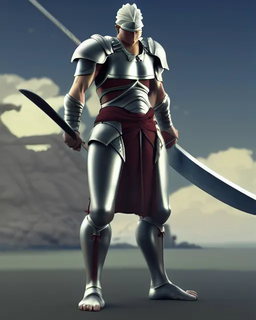 Image similar to strong muscular warrior with a greatsword and fully clad in plate armor, dramatic action pose, square masculine jaw, short messy hair, 3 d octane render, unreal engine 5, ultra high detail, cel shaded, trending on pixiv fanbox, by greg rutkowski makoto shinkai takashi takeuchi studio ghibli, akihiko yoshida