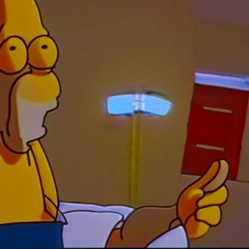 Image similar to a still of homer simpson from die hard ( 1 9 8 8 ), long shot, 1 5 0 mm