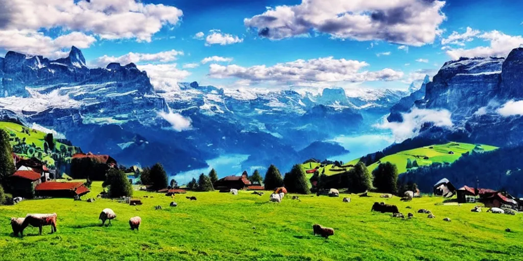 Image similar to beautiful landscape switzerland green pastures blue sky sunny snowy mountains realistic hd