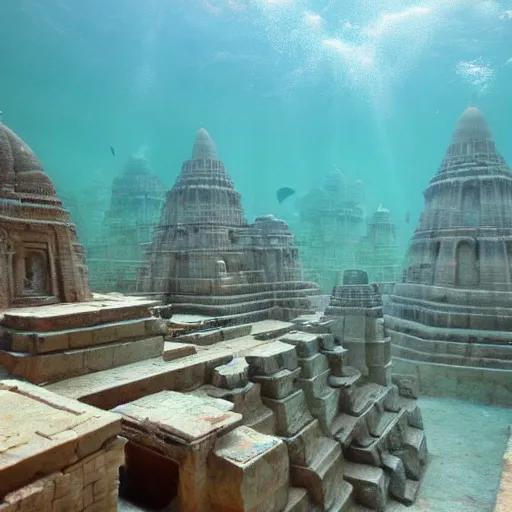 Prompt: city in ancient india, underwater city, highly detailed, dwarka