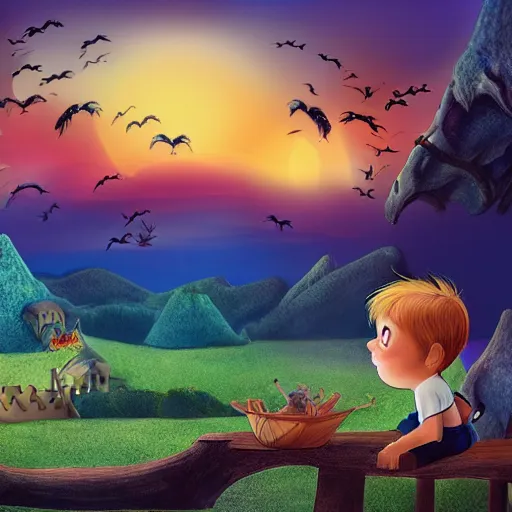 Prompt: little boy in a fairytale land watching the sunset with dragons flying around