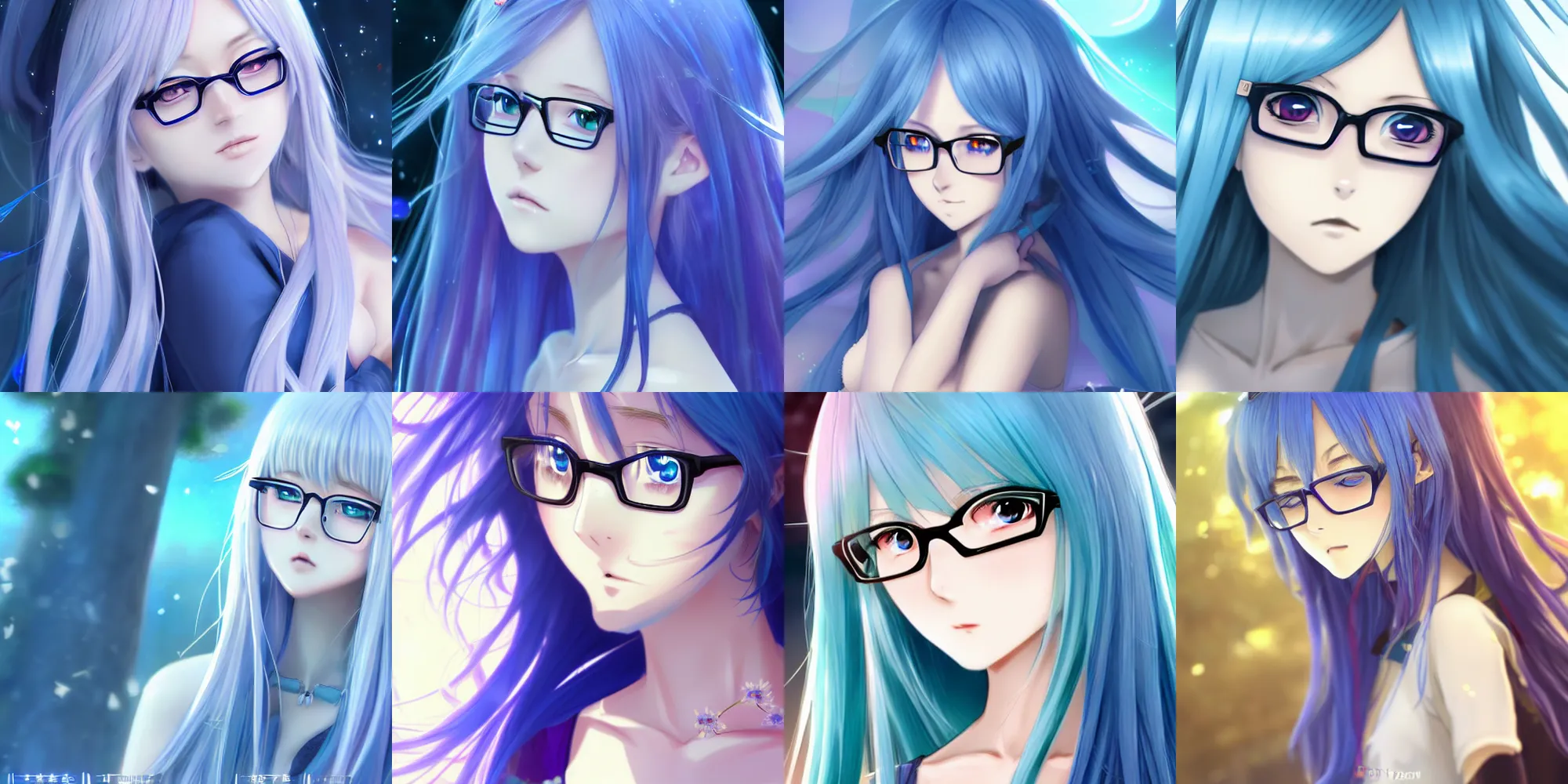 Prompt: very beautiful anime girl with glasses, long blue hair, azure blue watery eyes, full round face, seductive over the shoulder glances, medium shot, mid-shot, cinematic lighting, with bloom ethereal effects, Unreal Engine 4k, in extremely cute realistic digital art style, hyperdetailed, lens flare, ultra HD, vibrant, highly realistically detailed, trending on pixiv, trending on ArtStation, Tran Ross, Sakimichan, Andrei Riabovitchev,