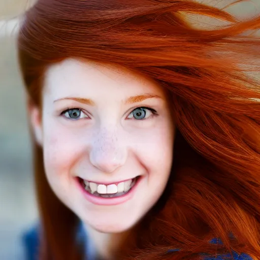 Image similar to school picture day photo of Young woman with auburn hair looking into the camera and smiling slightly, ultrarealistic, 8k