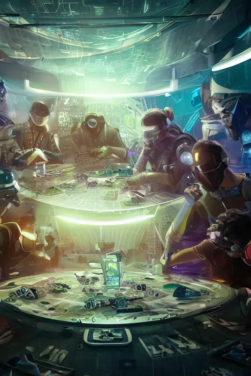 Image similar to closeup, of one futuristic sci-fi Twenty sided dice, in the background are players at a table that are in high tech still suites, with masks, bokeh, sharp focus, intricate concept art, highly detailed, 8k, cinematic, sharp focus