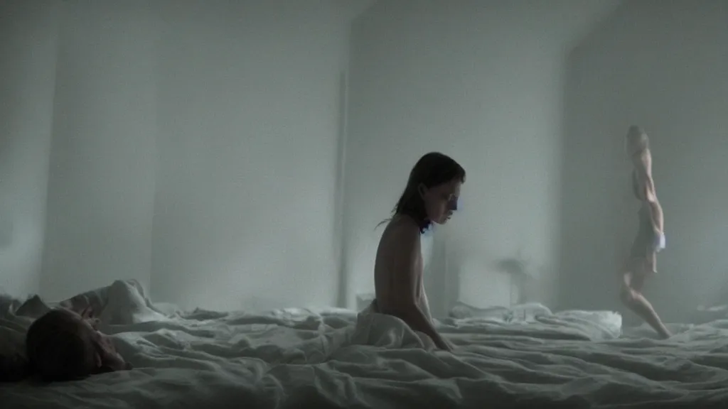 Prompt: movie still of having sleep paralysis, cinematic composition, cinematic light, criterion collection, by emanuel lubezki