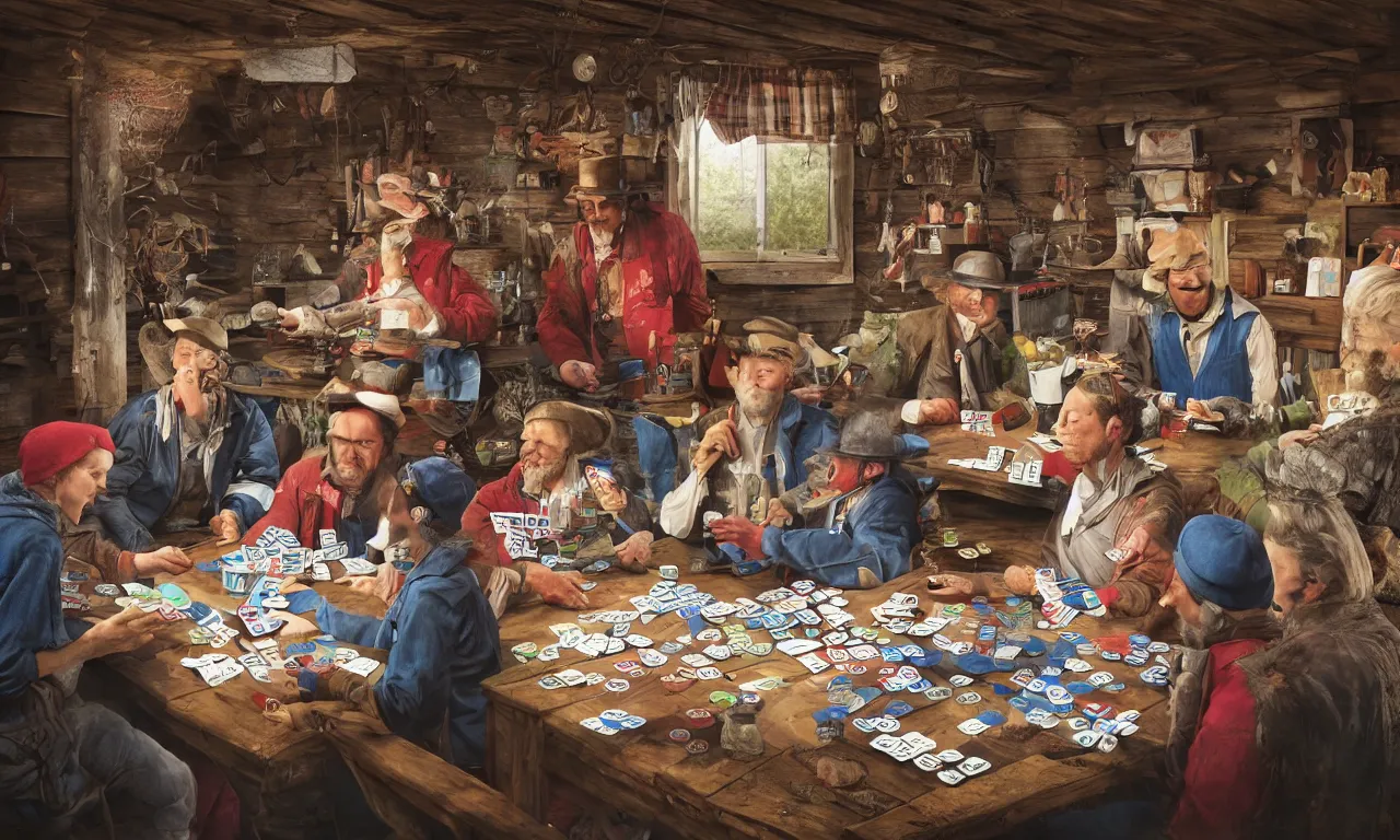 Prompt: color photorealistic of people playing cards in a shack