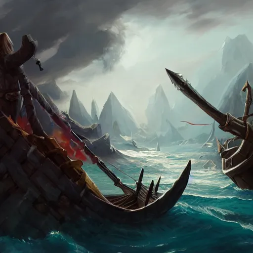 Prompt: arcane style viking battleship, viking spears and axes. spear and axes, sea background, bright art masterpiece artstation. 8 k, sharp high quality artwork in style of greg rutkowski, concept art by tooth wu, blizzard warcraft artwork, hearthstone card artwork