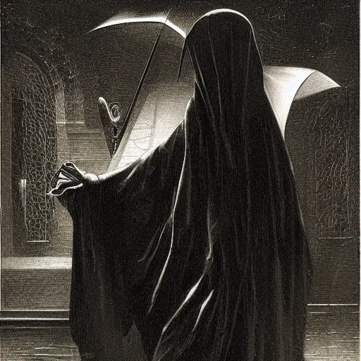 Prompt: a striking esoteric painting of a ghost in the rain, dark, metal, black background, occult, by Edward Leighton