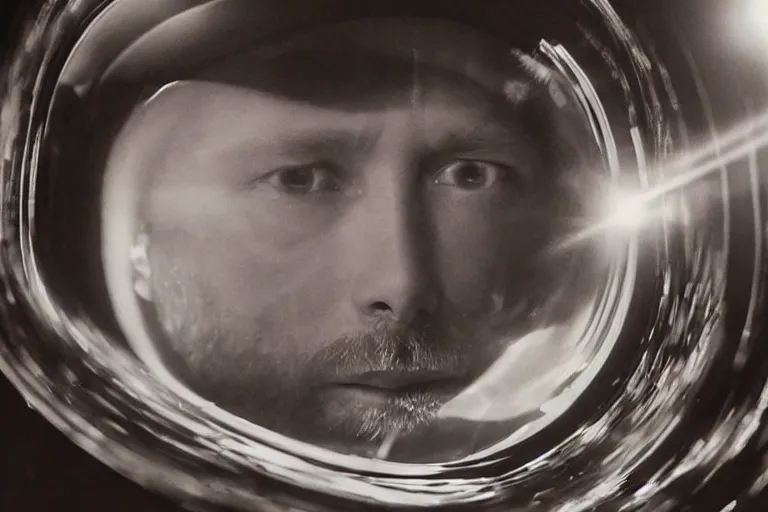 Image similar to thom yorke singer songwriter in a reflective space helmet, helmet filling up with water, video art, anamorphic lens flare, datamosh, beautiful blue eyes, eyes reflecting into eyes reflecting into infinity, eyes reflecting into eyes reflecting into infinity, dramatic lighting