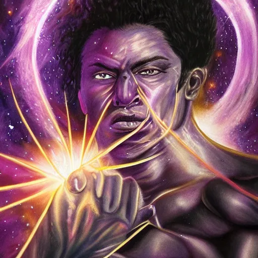 Image similar to detailed realistic painting of a man with well defined muscles made of purple space dust wielding a dark purple cosmic orb in each hand, planetary rings orbit his wrists and he has long flowing purple hair obscuring his face made of deep purple stardust, bright white lens flare peeking through his hair where his eye would be, staring at viewer