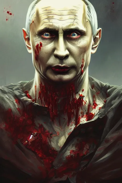 Image similar to Zombie Vladimir Putin, fantasy, portrait, highly detailed, digital painting, artstation, concept art, smooth, sharp focus, illustration, cinematic lighting, art by artgerm and greg rutkowski and alphonse mucha