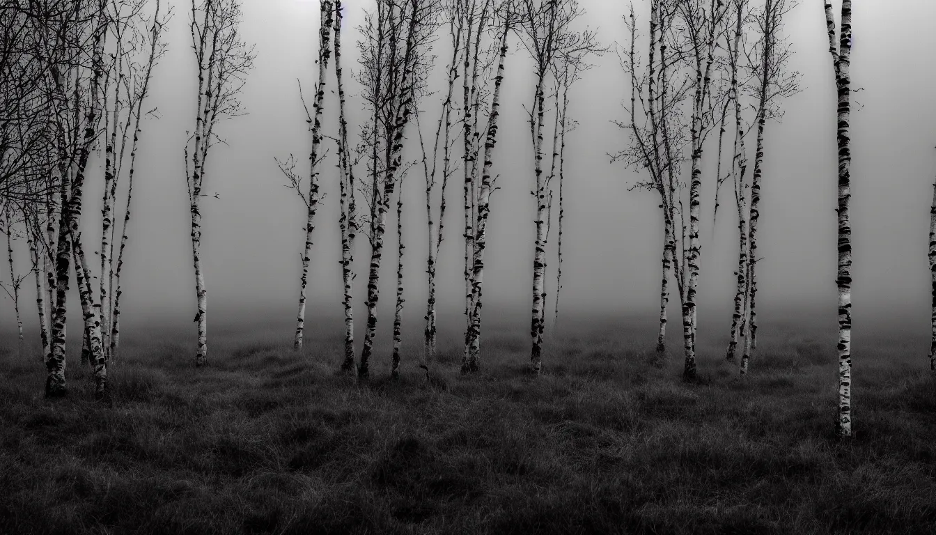 Prompt: highlands, curvy horizon, birches, grassy, foggy, flooded swamp, dark, atmospheric, scary, ambient vibe, very detailed, black and white, 8 k