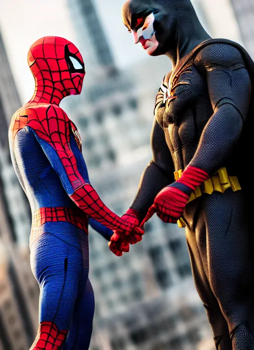 Image similar to photo of spiderman fighting batman , 35mm, f/1.4, Golden Hour light, ,