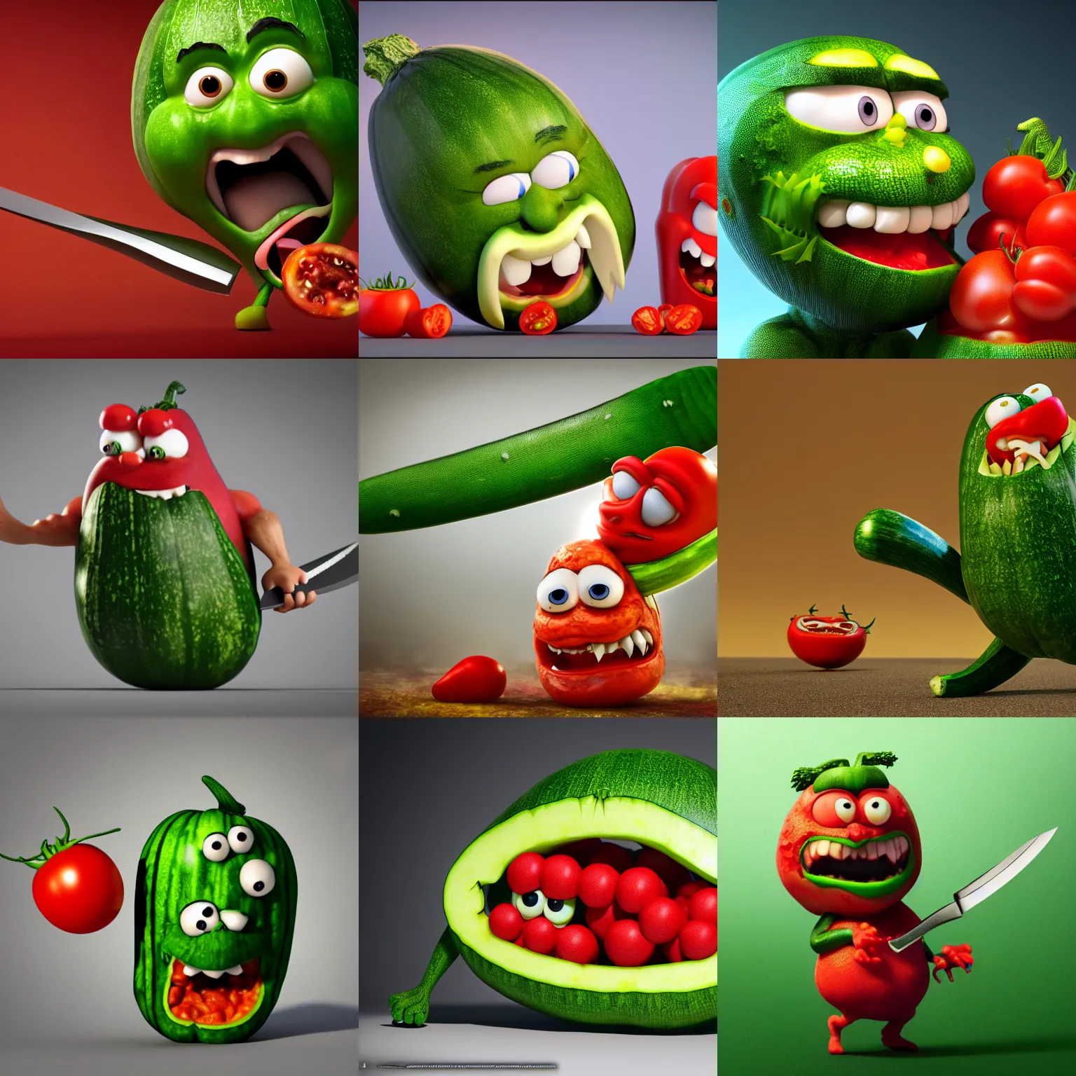 Prompt: detailed 3 d render of an angry furious zucchini character with a bloody knife in his hand, chasing and running after a tomato figure scared to death, hyper realistic octane render, dramatic lighting, dark mood, nightmare, surrealism, pixar, disney, cartoon