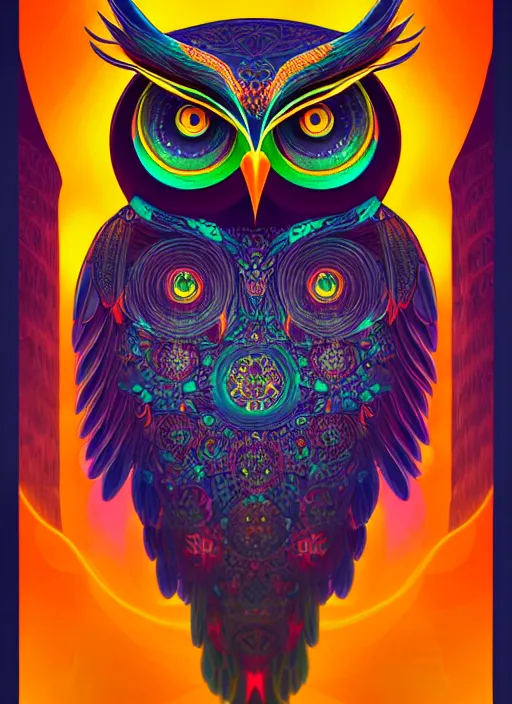 Image similar to symmetry!! product render poster vivid colors divine proportion owl, 神 圣, glowing fog intricate, elegant, highly detailed, digital painting, artstation, concept art, smooth, sharp focus, illustration,