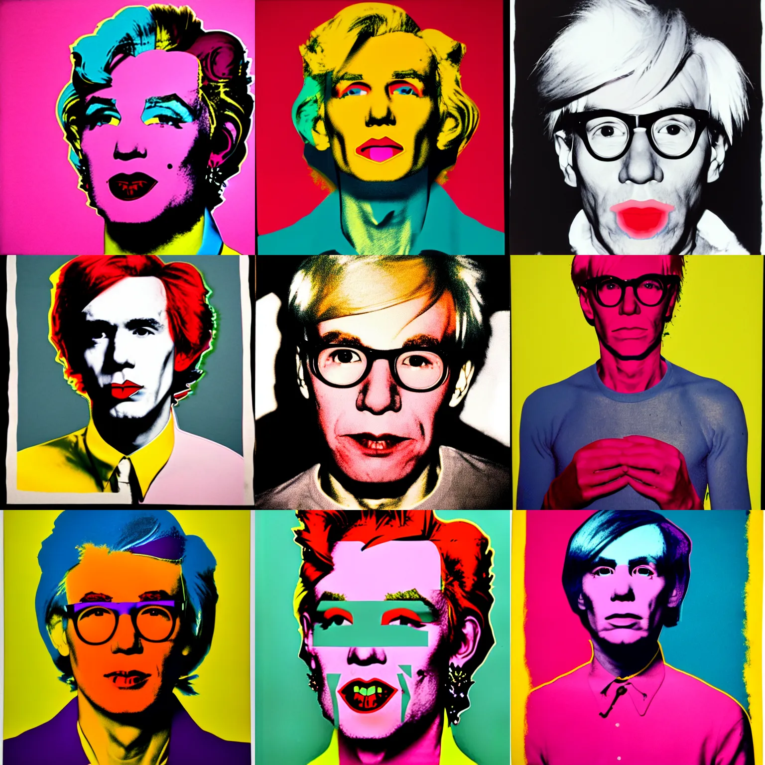 Prompt: colour portrait of vein! andy warhol, 30 years old, who looks straight into the camera, with shoulders visible in the frame. in the style of andy warhol